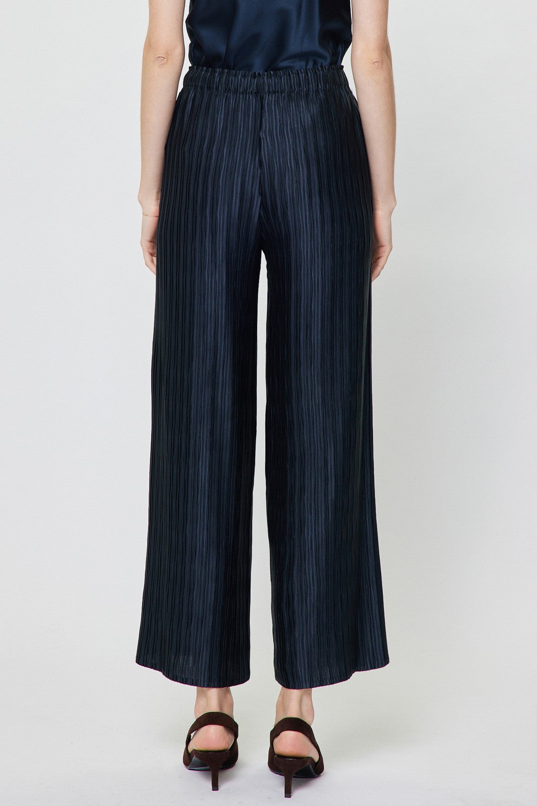 Crinkle Pleated Satin Pants Navy