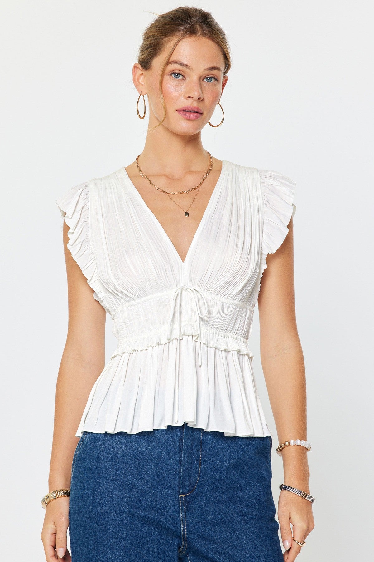 Solid Pleated Peplum Vneck Blouse White