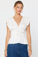 Solid Pleated Peplum Vneck Blouse White