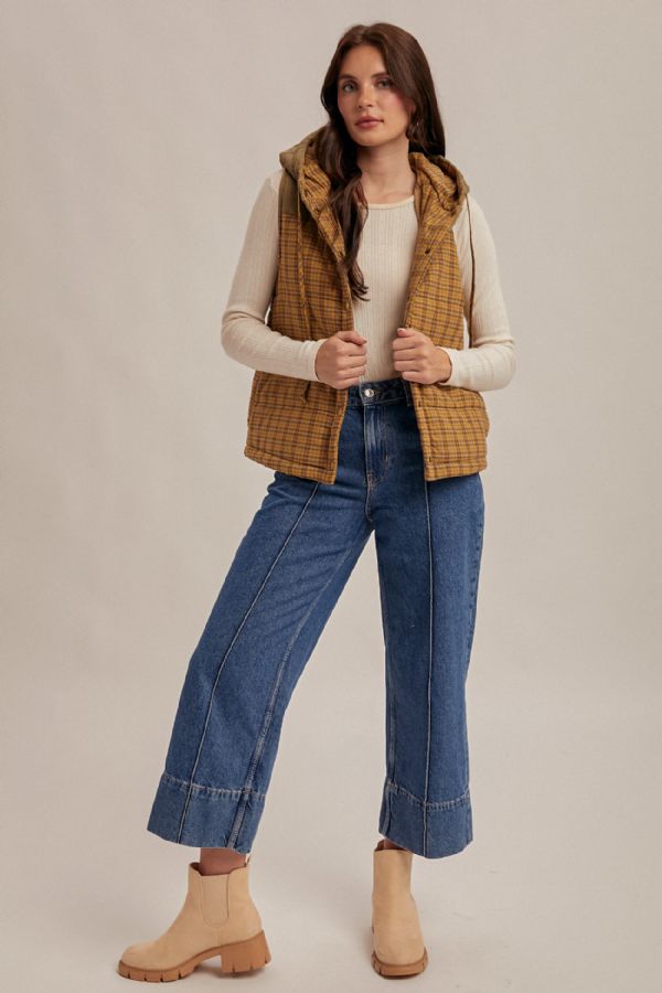 Corduroy Mixed Plaid Puffer Vest Mustard