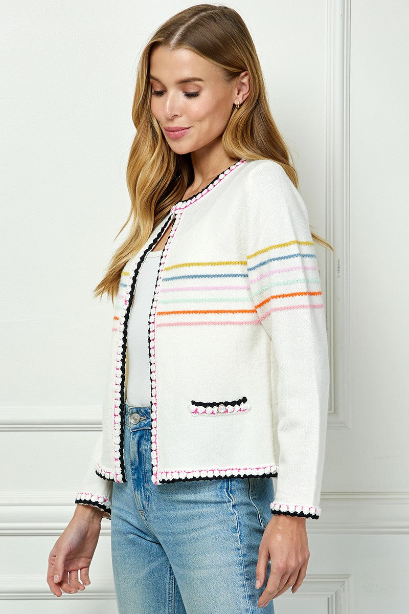 Trimmed Detail Stripe Sweater Cardigan Cream