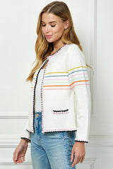 Trimmed Detail Stripe Sweater Cardigan Cream