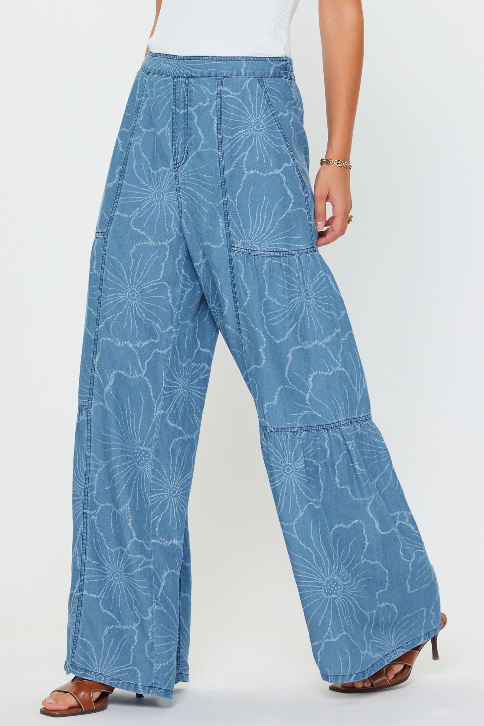 Floral Printed Wide Leg Palazzo Pants Floral Chambray