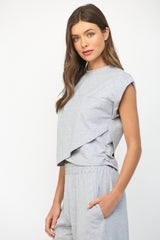 Overlap Hemline Detail Cuffed Cap Sleeve Top Heather Grey