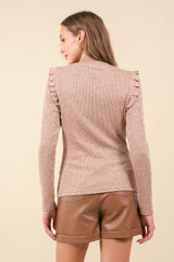 Two Tone Ribbed Mock Neck Ruffle Shoulder Top Caramel