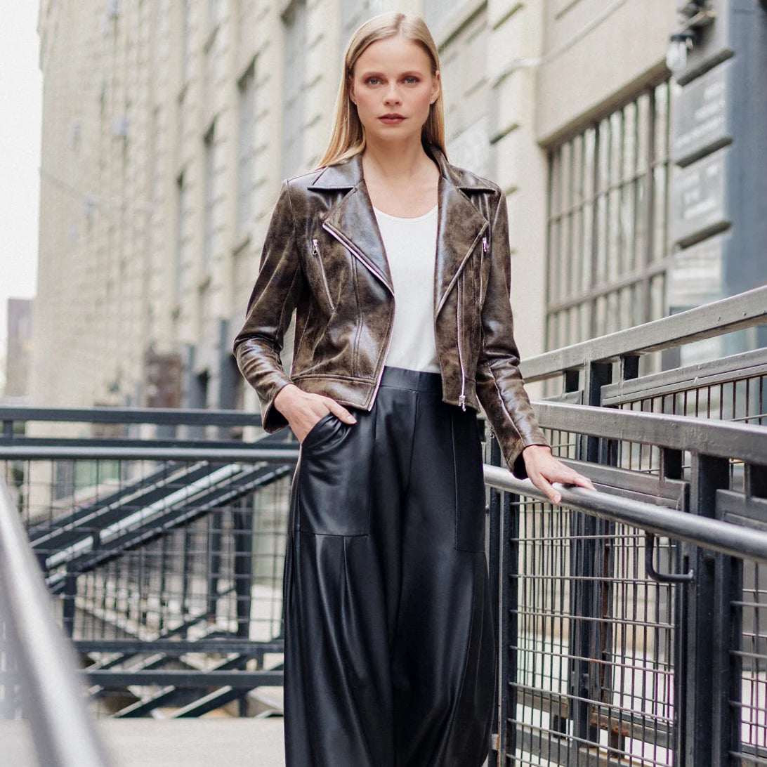 Distressed Zip Cuff Moto Waist Jacket Brown