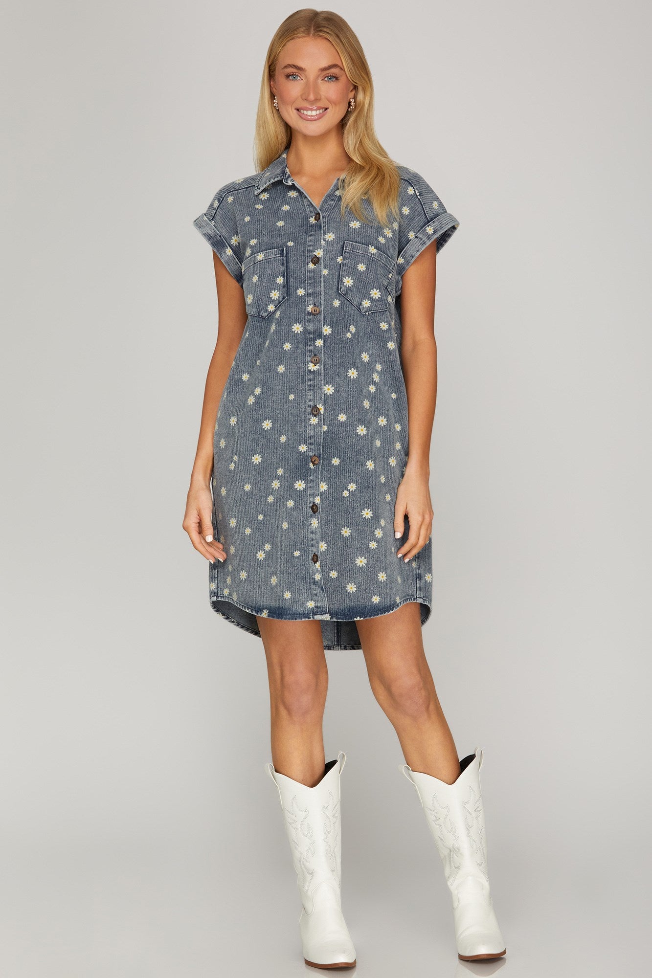 Daisy Print Denim Button Down Shirt Dress Denim Blue
