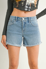 Mid Rise Fray Cuffed Shorts Light Denim