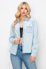 Shirred Sleeve Single Pocket Snap Button Shirt Light