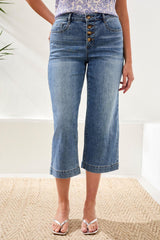 Audrey Button Fly Wide Crop Jeans Pebble Blue