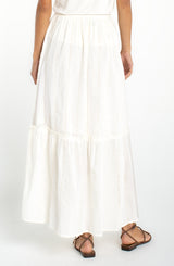 Tiered Woven Pull On Maxi Skirt Cream Stripe Embroidered
