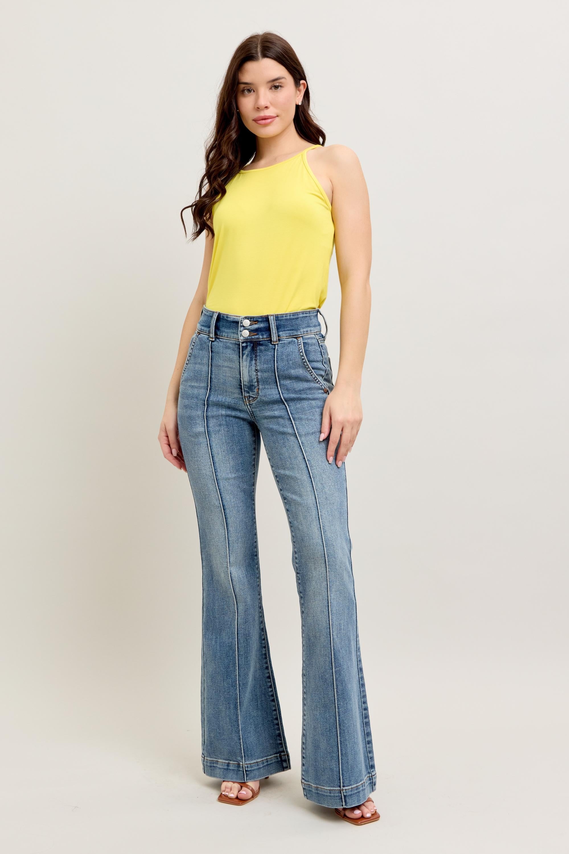 High Rise Pintuck Detail Trouser Flare Jeans Medium