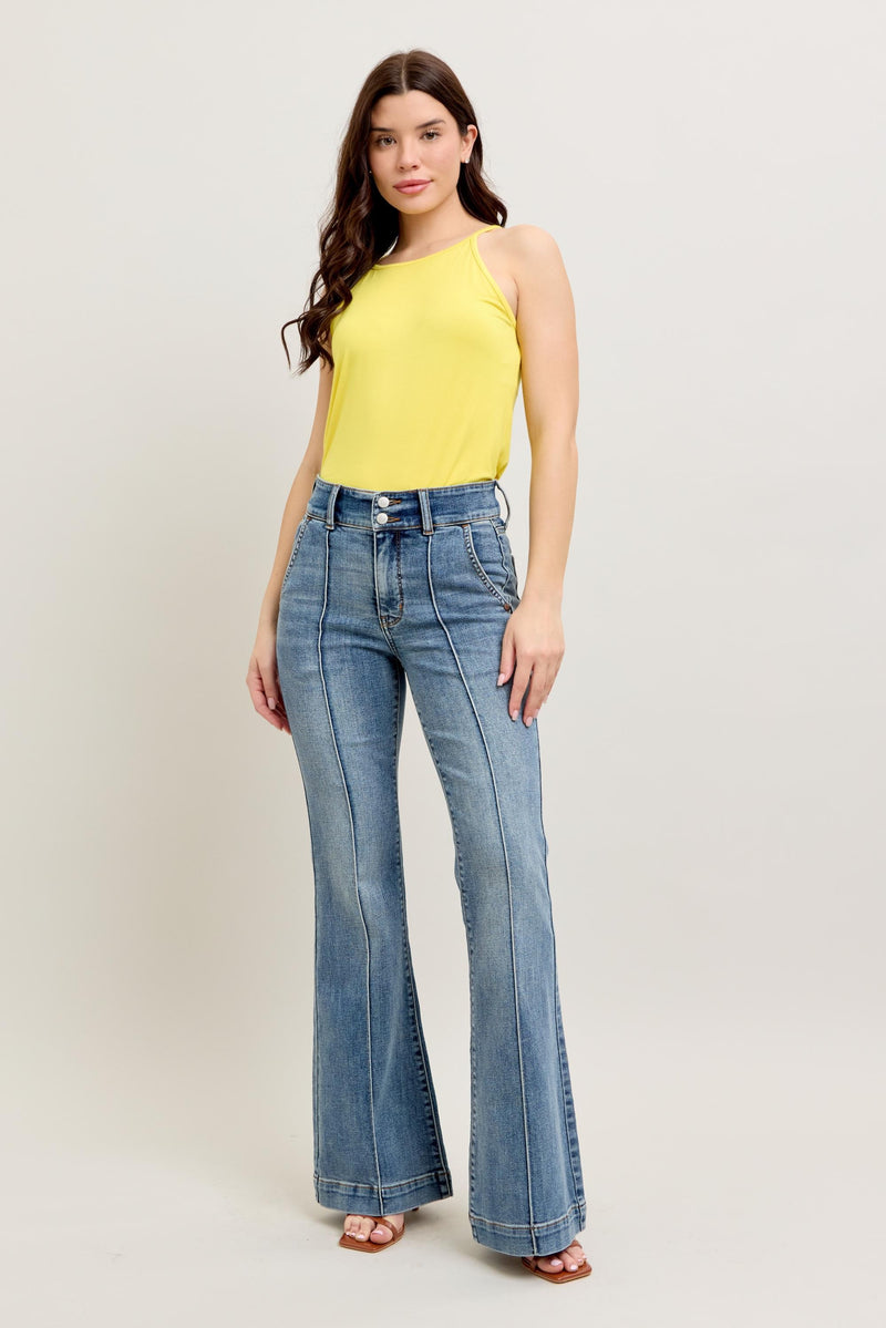 High Rise Pintuck Detail Trouser Flare Jeans Medium
