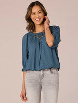 Elbow Blouson Sleeve Smocked Bubble Hem Top Wistful Teal