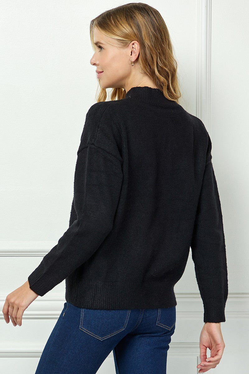 Stitched Flowers Mock Neck Sweater