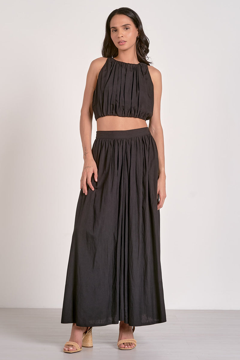 Keyhole Open Back Pleated Crop Tank Black