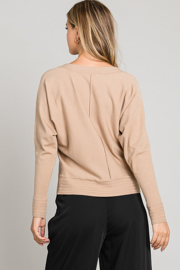 Textured Stripe Hem Sweater Top Camel
