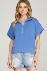 French Terry Ribbed Band Half Zip Top Periwinkle
