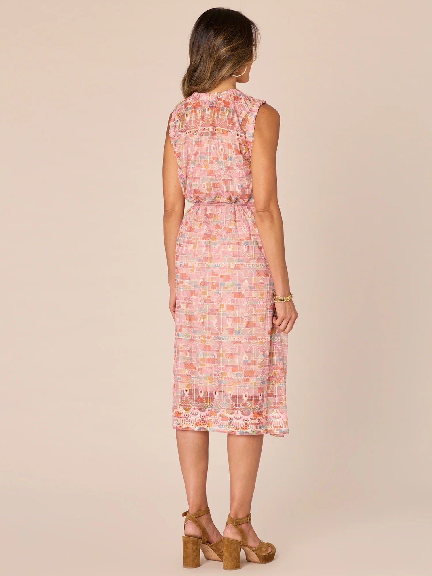 Tie Belted Embroidered Midi Mesh Dress Dry Clay Multi
