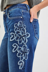 Mid Rise Crop Straight Floral Patch Jeans Dark