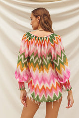 Watermelon Sugar Smocked Neckline Flowy Blouse Sunset Cosmo