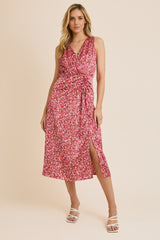 Sleeveless Shoulder Shirred Waist Abstract Print Midi Dress Brown Pink Floral
