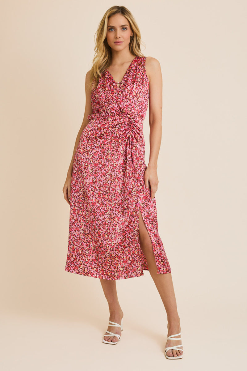Sleeveless Shoulder Shirred Waist Abstract Print Midi Dress