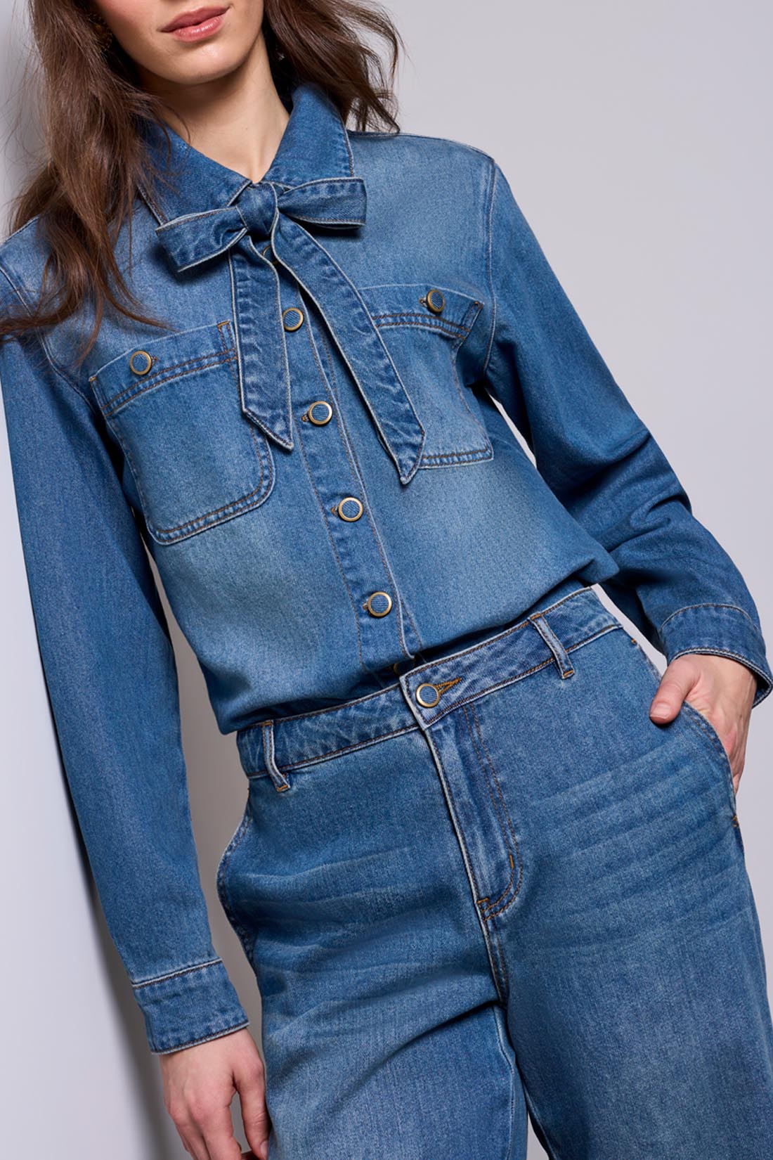 Removable Self Tie Denim Blouse Authentic Blue