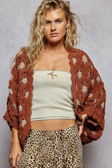 Floral Pattern V-neck Relaxed Fit Batwing Cardigan Brick/Latte