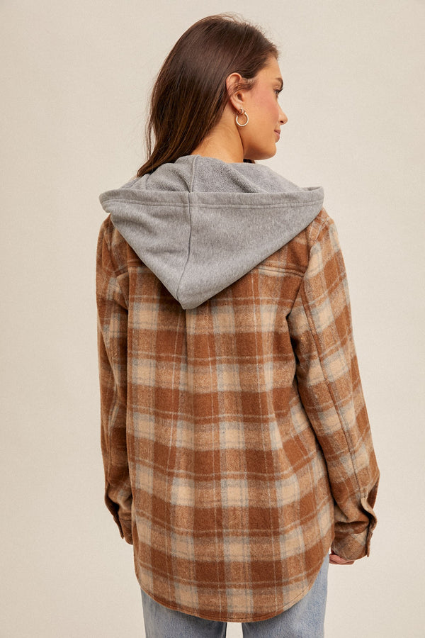 Hooded Button Down Plaid Shirt Brown