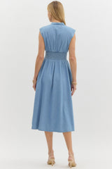 Denim Sleeveless Zip Front Smock Detail Midi Dress Light Blue