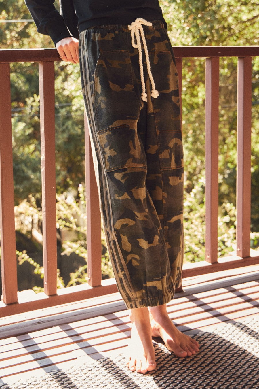 Camo Print Drawstring Pants Washed Camo