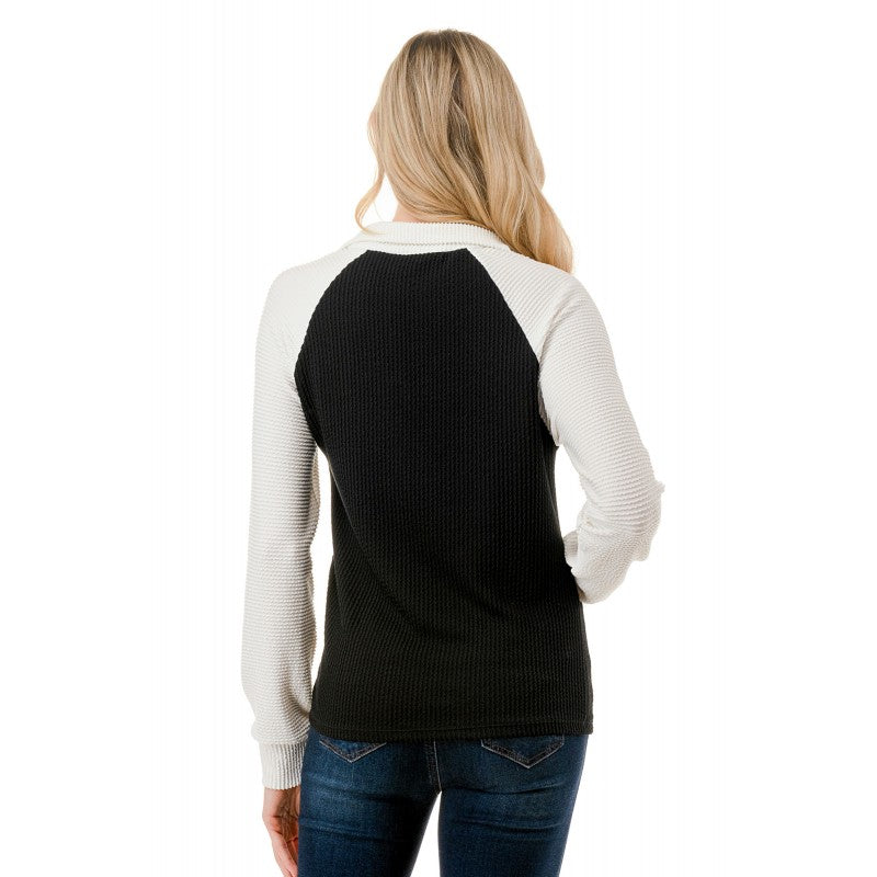 1/4 Zip Mock Neck Thermal Top Black + White
