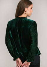 Ruffle Detail Texture Sleeve Velvet Peplum Top Hunter Green