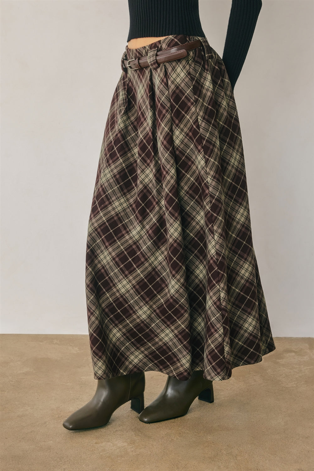 Belted Plaid Maxi Skirt Espresso