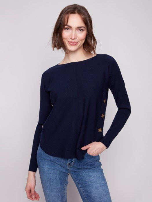 Side Button Detail Boat Neck Sweater Navy
