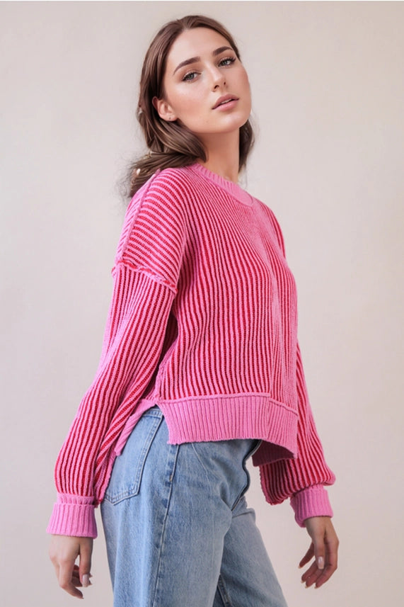 Two Tone Striped Sweater Pink