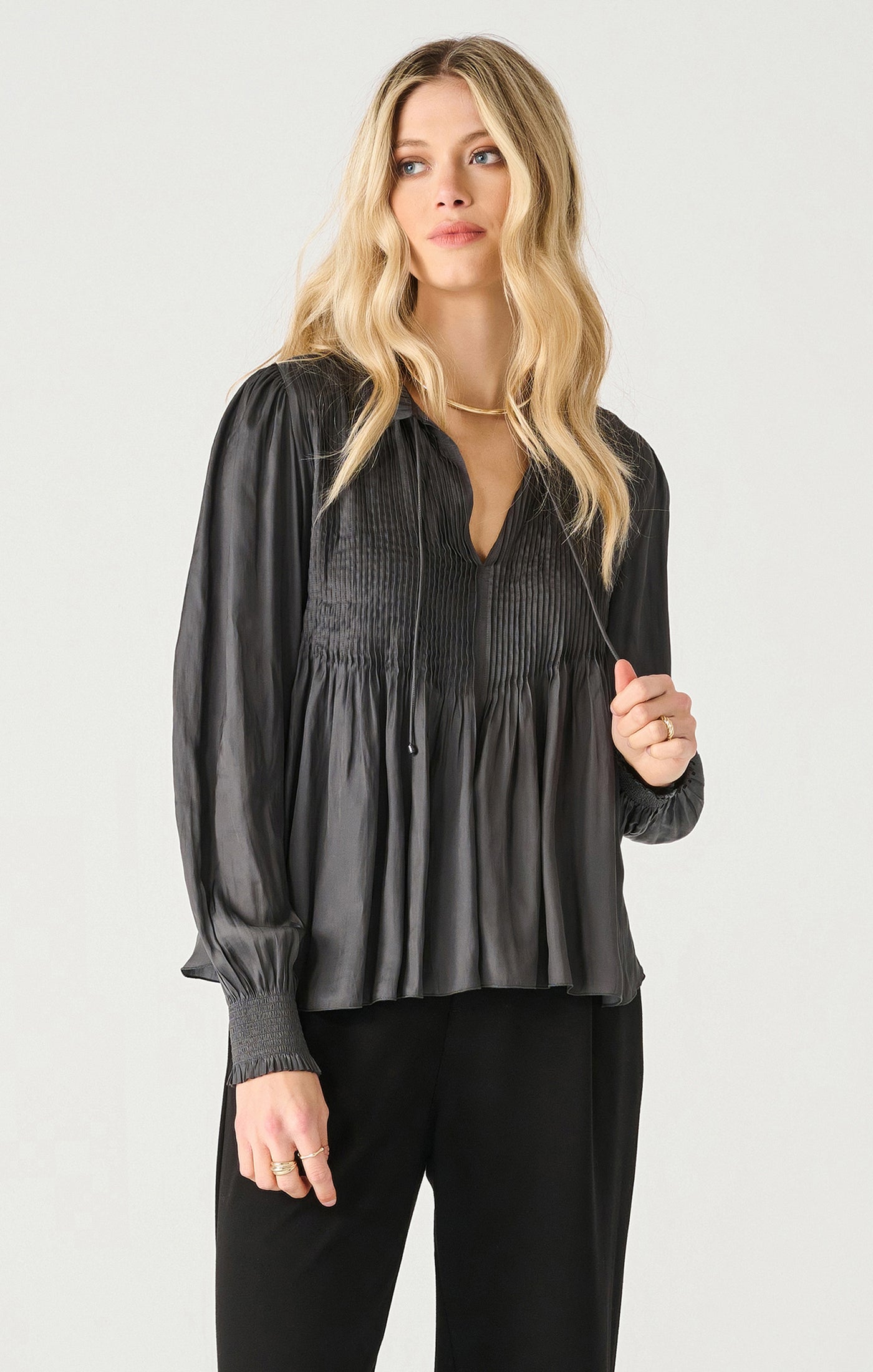 Pintuck Tie Neck Long Sleeve Blouse Coal