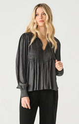 Pintuck Tie Neck Long Sleeve Blouse Coal