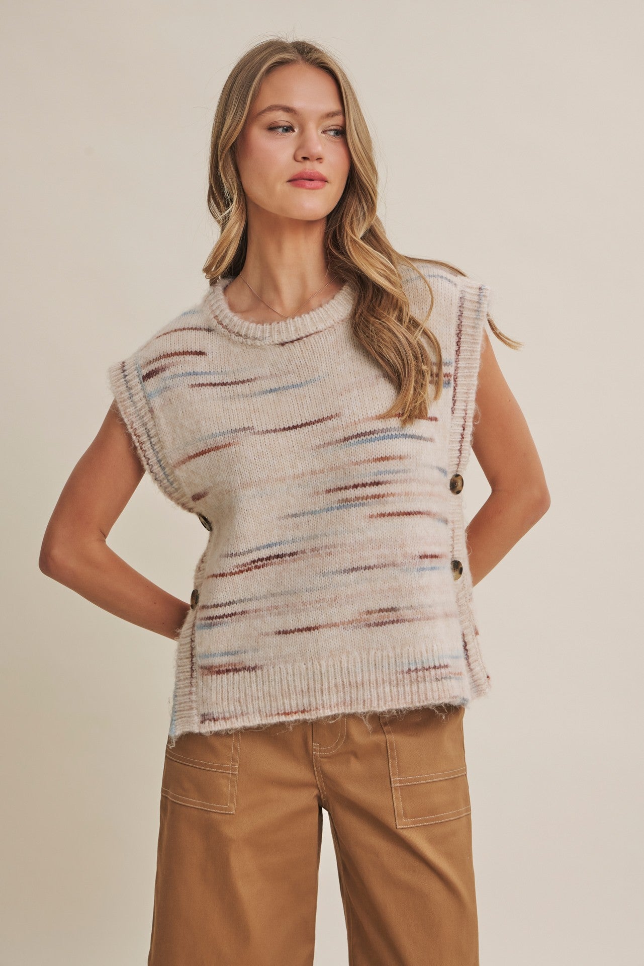 Soft Horizon Space Dye Side Button Sweater Vest Milk Tea