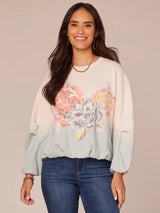 Bubble Hem Floral Print Dip Dye Sweatshirt Ecru + Blue Shadow