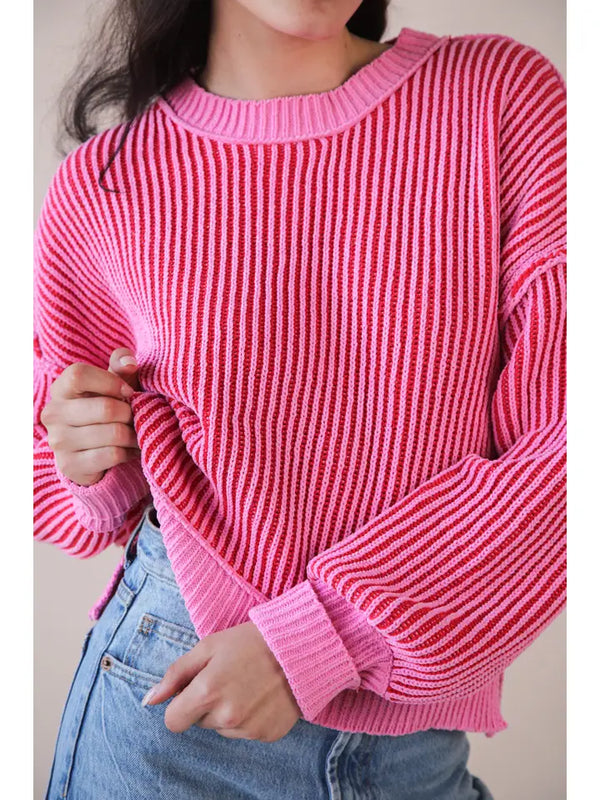 Two Tone Striped Sweater Pink