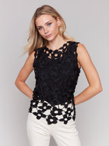 Mod Floral Open Crochet Popover Tank Black
