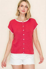 Button Detail Contrast Raw Edge Sweater Top Red