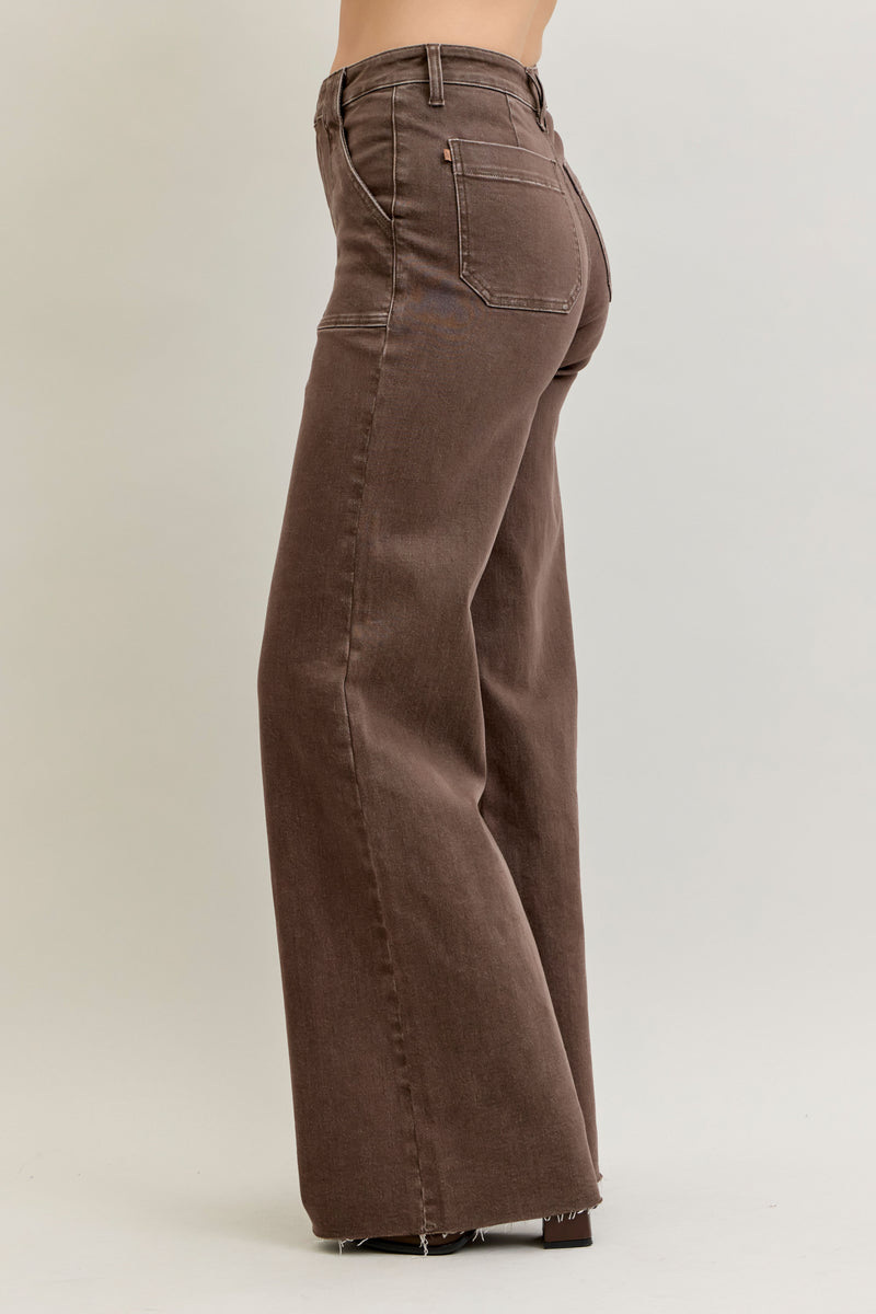 Retro Wide Yarn Dyed Front Patch Pocket Pants Brown