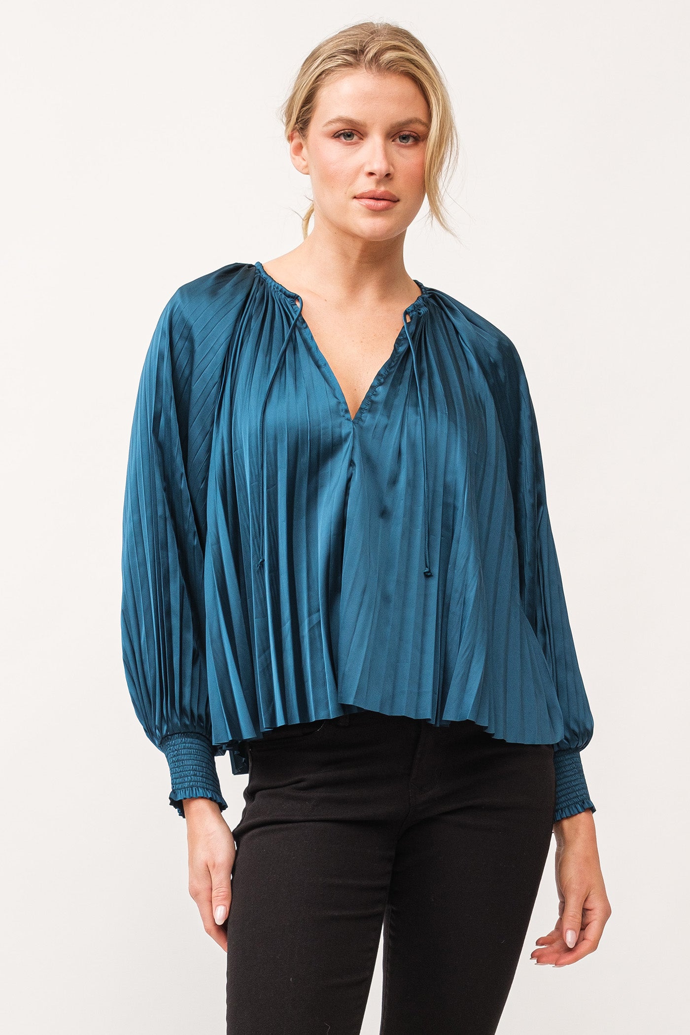 Deletta Pleated Satin Ruched Cuff Blouse Deep Teal