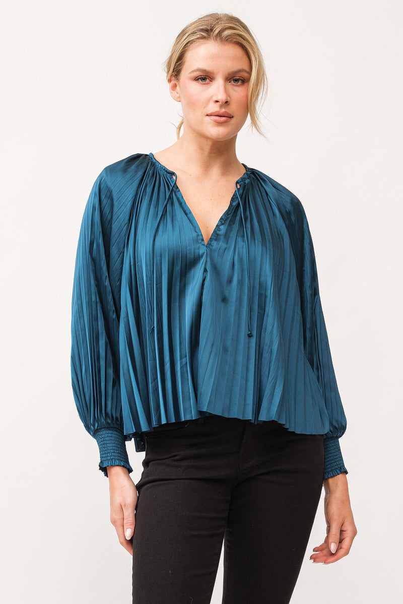 Deletta Pleated Satin Ruched Cuff Blouse Deep Teal