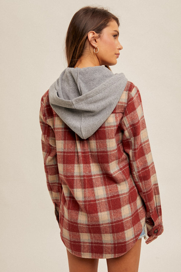 Hooded Button Down Plaid Shirt Red