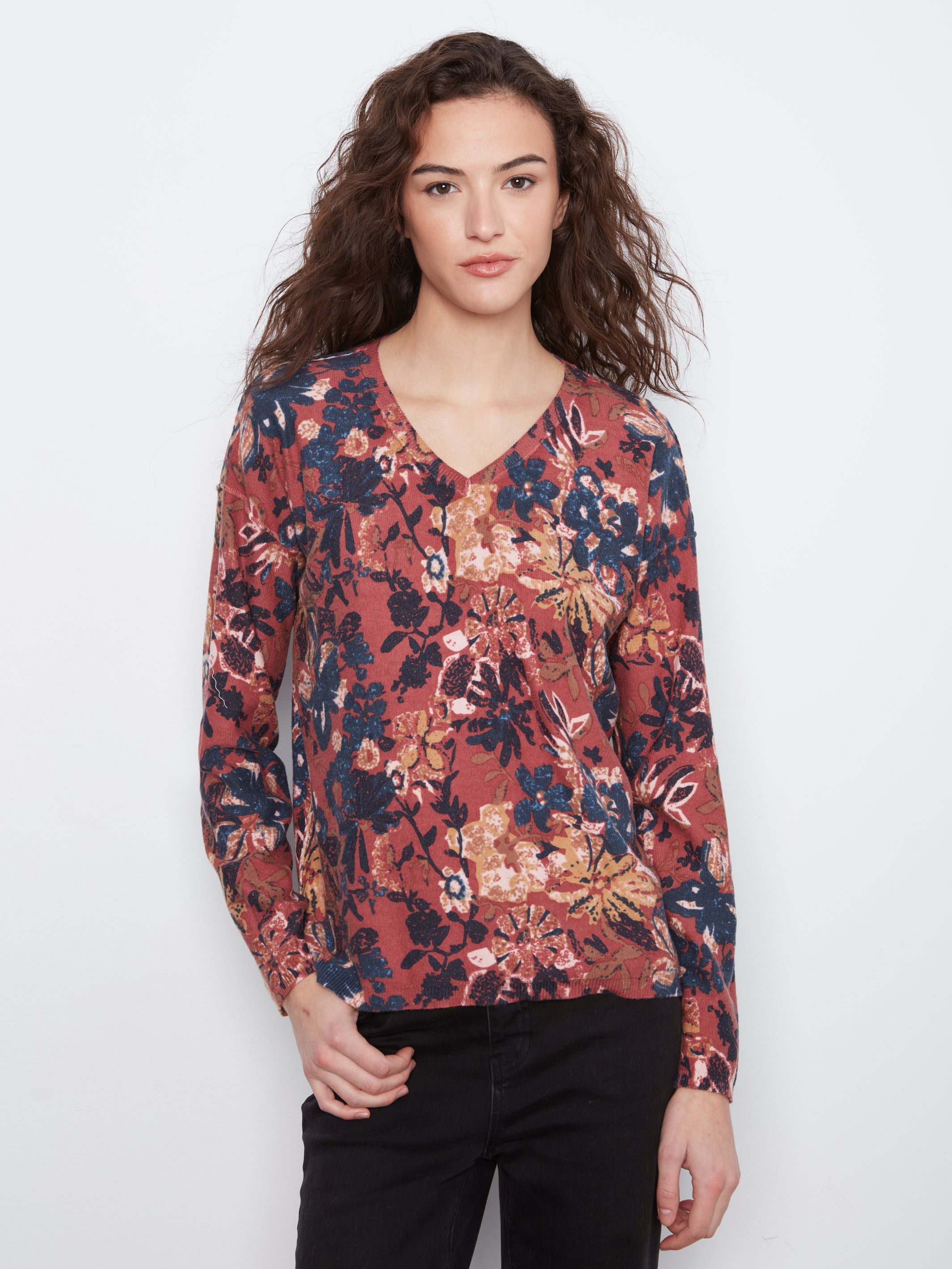 Reverse Print Floral Vneck Sweater Passion
