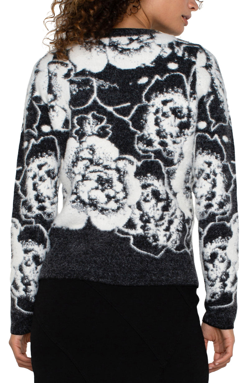 Textured Crew Neck Sweater Black + White Floral